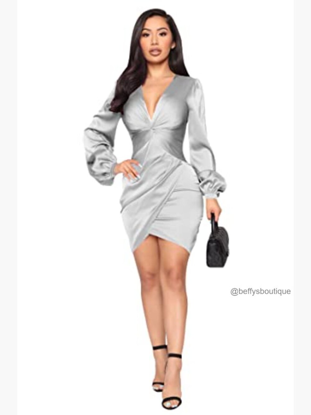 Twist Front Bodycon Midi Dress Long Sleeve Ruched Party Dress - Picture 4 of 7